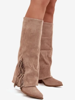 Dámské nazouvací kovbojky Zalia na sloupkovém podpatku s třásněmi – béžové