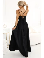 589-1 Dlouhé šaty s jemným třpytem a korzetovým zavazováním na zádech - ČERNÉ se třpytkami