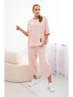 Bavlněný komplet halenka + kalhoty pudrově růžová