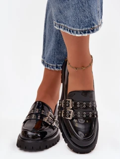 Kožené dámské mokasíny s pásky a stříbrnými přezkami Černé Gabrisse