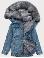 Světle modro-šedá dámská džínová bunda s kožešinovou odepínací podšívkou (br9588-5009)
