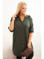 Dámská košilová šaty Plus Size s delším zadním dílem a ohrnovacími rukávy khaki