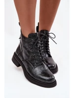 Lakované kožené dámské kotníkové boty na klínu D&A LZ52-954 tmavě modré