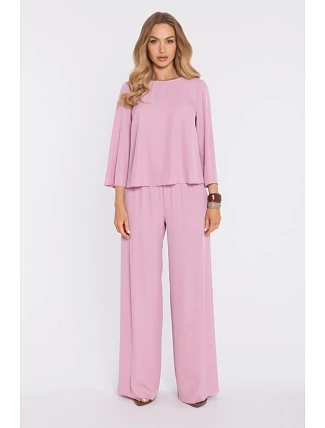 M906 Palazzo kalhoty s elastickým pasem a bočními kapsami - pudrové M906 Palazzo kalhoty s elastickým pasem a bočními kapsami - pudrové