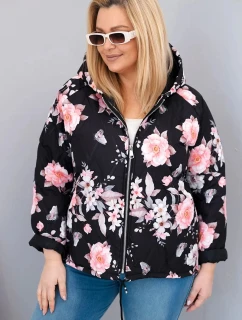 Dámská jarní prošívaná bunda Plus Size s kapucí a květinovým vzorem černá