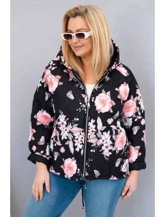 Dámská jarní prošívaná bunda Plus Size s kapucí a květinovým vzorem černá