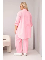 Dámská mušelínová souprava Plus size s košilí zapínanou na knoflíky a s kalhotami se širokou nohavicí bonbónová růžová