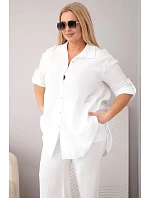 Dámský mušelínový komplet Plus Size s košilí zapínanou na knoflíky a kalhotami se širokými nohavicemi bílý
