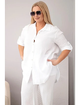 Dámský mušelínový komplet Plus Size s košilí zapínanou na knoflíky a kalhotami se širokými nohavicemi bílý