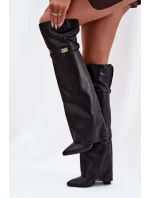 Dámské zateplené kozačky nad kolena s vyhrnutou holení a sloupkovým podpatkem Serelle – černé, eko semiš