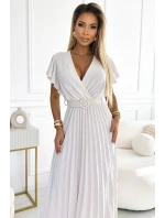 585-1 Plisované letní midi šaty s výstřihem a širokým páskem - ECRU