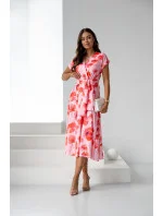 Růžové dámské květované šaty s přeloženým obálkovým výstřihem (82194)