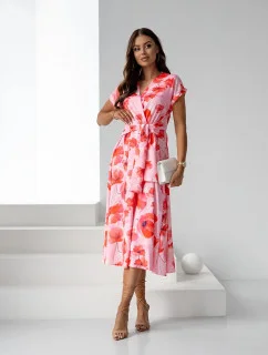 Růžové dámské květované šaty s přeloženým obálkovým výstřihem (82194)