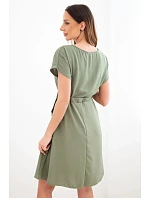 Dámské šaty s krátkým rukávem a vázáním v pase khaki