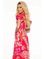 LIDIA - Růžové květované dlouhé dámské šaty s výstřihem a volánky 310-4