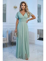 635-8 MELANIA dlouhé třpytivé šaty s výstřihem a krátkými rukávy - pistáciová barva 635-8 MELANIA dlouhé třpytivé šaty s výstřihem a krátkými rukávy - pistáciová barva