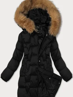 Černá dámská zimní bunda s ozdobnou kožešinou u kapuce Libland (LD-7789)
