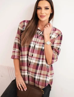 Dámská bavlněná košile s delším zadním dílem kostkovaná bežová