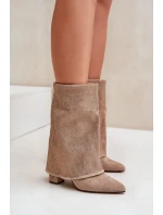 Ozdobené Lesklé Botky S Otočeným Svrškem Na Podpatku Zateplené Béžové Xistaria