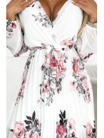 415-2 YSABEL Plisované šaty s výstřihem, dlouhými rukávy a páskem - BÍLÁ V RŮŽOVÉ barvě