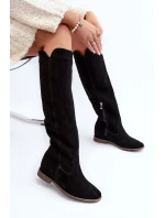 Zazoo 3407 Zamszové Kozáky po Kolena na Ploché Podrážce Černé