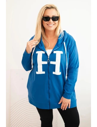 Dámská mikina Plus Size bavlněná s kapucí a velkým písmenem H chabrová