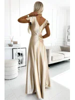 411-7 CRYSTAL saténové dlouhé šaty s výstřihem - ZLATÉ