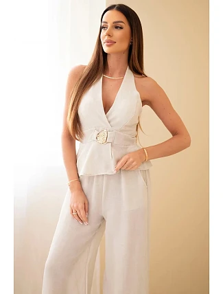 Dámská viskózová souprava s vázaným topem a kalhotami se širokými nohavicemi béžový Dámská viskózová souprava s vázaným topem a kalhotami se širokými nohavicemi béžový