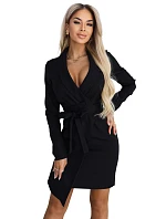 670-1 Elegantní tmavě modré šaty s páskem a asymetrickým spodním dílem - černé