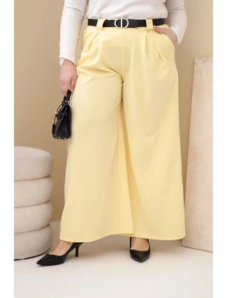 Dámské kalhoty Plus Size viskózové s širokou nohavicí a páskem žluté