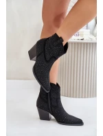 Ozdobené Kožené Botky Na Podpatku S Špičatými Nosky Černé S.Barski HY42-121