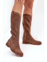 Kozačky S Ažurovým Svrškem Na Plochém Podpatku Hnědé S.Barski HY51-860