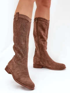 Kozačky S Ažurovým Svrškem Na Plochém Podpatku Hnědé S.Barski HY51-860