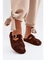 Dámské mules s pásky a zlatým přezkou Čokoládové Ganelle