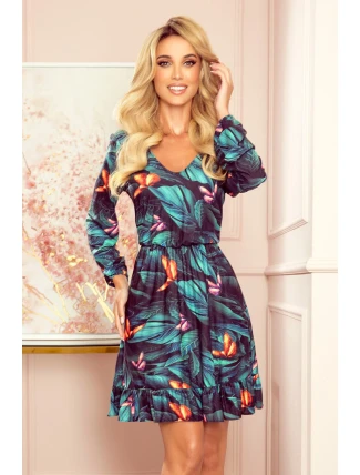 CORA - Dámské šaty s dekoltem, volánkem a se vzorem barevných motýlů 320-1 CORA - Dámské šaty s dekoltem, volánkem a se vzorem barevných motýlů 320-1