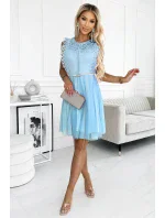 454-4 Šaty GRETA s krajkou a zlatým páskem - MODRÉ