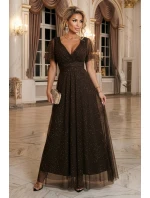 635-4 MELANIA dlouhé lesklé šaty s výstřihem a krátkými rukávy - čokoládové 635-4 MELANIA dlouhé lesklé šaty s výstřihem a krátkými rukávy - čokoládové