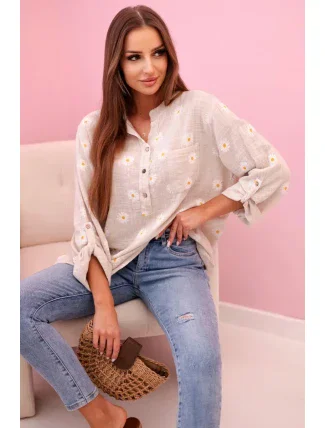 Lněná dámská halenka s květinovým vzorem, dlouhými rukávy a knoflíky béžová + bílá