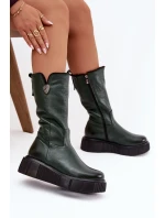 Dámské kožené kozačky se zateplením Zazoo – olivkové Dámské kožené kozačky se zateplením Zazoo – olivkové