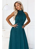 636-4 VERONICA – luxusní dlouhé šaty s brokátovým detailem a elegantním střihem – zelené
