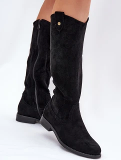 Kozáky Na Plochém Podpatku S Krajkovým Vzorem Černé S.Barski HY51-062