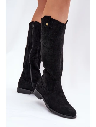 Kozáky Na Plochém Podpatku S Krajkovým Vzorem Černé S.Barski HY51-062