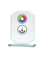 Skleněná trofej s barevným potiskem LuxorJet, gravírováním a inkoustovou výplní
