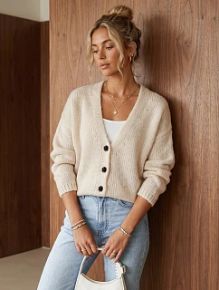 Dámský volný kardigan na knoflíky, světle béžový, FashionStreet MY2575