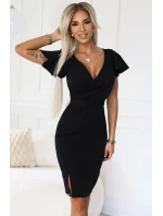 479-9 NINA elegantní šaty s obálkovým výstřihem, rukávy a páskem - ČERNÁ 479-9 NINA elegantní šaty s obálkovým výstřihem, rukávy a páskem - ČERNÁ