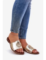 Zazoo 2938 Kožené Pantofle Na Plochém Podpatku S Ozdobou Zlaté