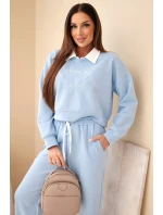 Dámský komplet máslová mikina s límečkem a rovné kalhoty modrý Dámský komplet máslová mikina s límečkem a rovné kalhoty modrý