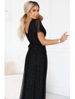 635-2 MELANIA dlouhé lesklé šaty s výstřihem a krátkými rukávy - černé 635-2 MELANIA dlouhé lesklé šaty s výstřihem a krátkými rukávy - černé