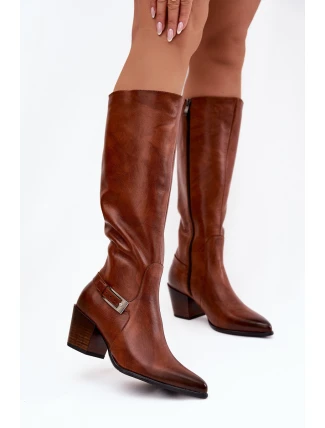 Kožené Kozačky Na Podpatku S Přezkou Zateplené Zazoo 70156 Hnědé