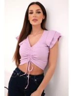 Dámská pruhovaná žebrovaná halenka na ramínkách s volánkem fialová